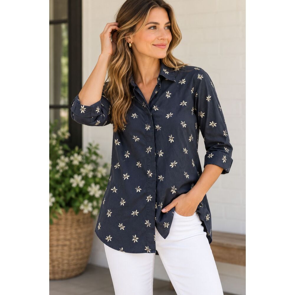 Woolrich Navy Floral Button Up Tunic Shirt Womens S Cotton Stretch Preppy